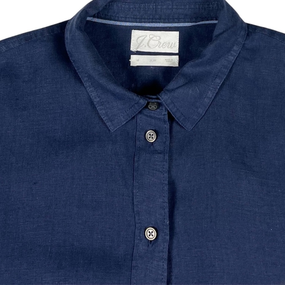 J. Crew Baird McNutt Irish Linen Navy Blue Button Down Blouse Size 14 Slim EUC - Picture 5 of 9